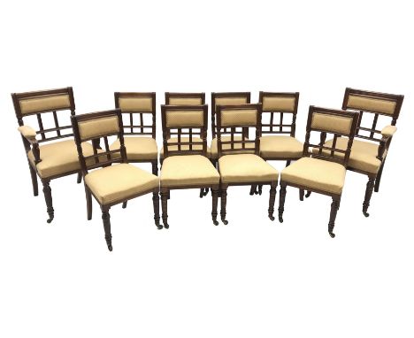 Set ten (8+2) late Victorian walnut dining chairs, moulded frames, upholstered seats and backs, the carvers with upholstered 