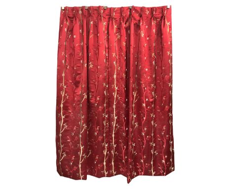 Set of four silk curtains in Porter &amp; Stone 'Nakita Red' fabric, red ground with raised leaf and branch needle work decor