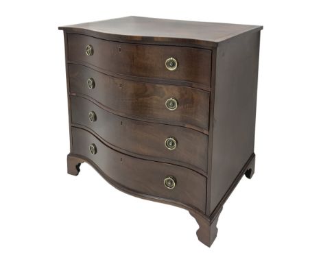Hepplewhite period serpentine mahogany chest, figured top with banding, four long drawers with original brass plate and ring 