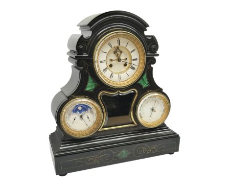 Victorian black slate perpetual calendar clock, the circular enamel Roman dial with twin train movement striking the hours an