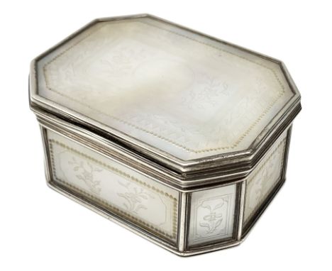 George III silver mounted mother of pearl patch box, of rectangular form with canted corners, the hinged cover and sides engr