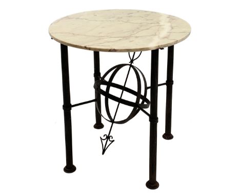 Architectural table, circular marble top on wrought metal base, cluster column supports connected by armillary sundial, D80cm