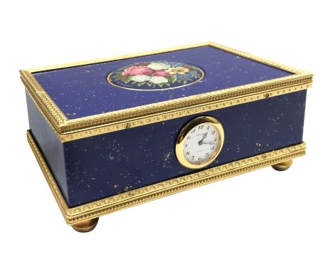 Reuge Music - simulated lapis lazuli automaton box, oval floral plate reveals singing bird, circular Arabic dial timepiece wi