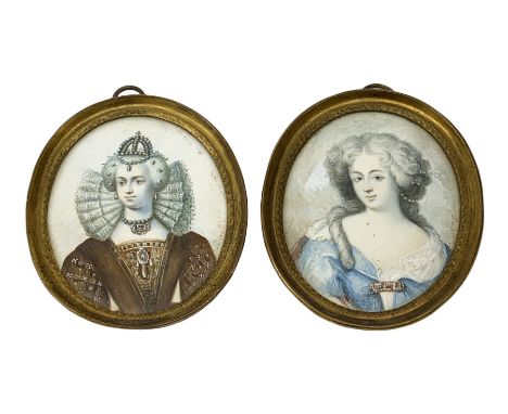 Pair of 19th century oval painted portrait miniatures upon ivory, the first example depicting Queen Elizabeth I, the second d