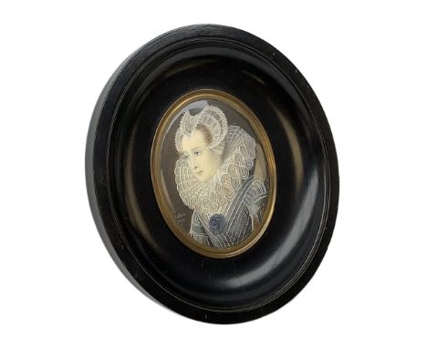 20th century oval painted portrait miniature upon ivory, depicting Queen Elizabeth I, indistinctly signed and dated, within e