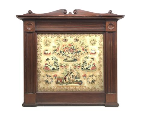 Early Victorian needlework sampler with Berlin woolwork style motifs, to include cats, bouquet of flowers, children playing w
