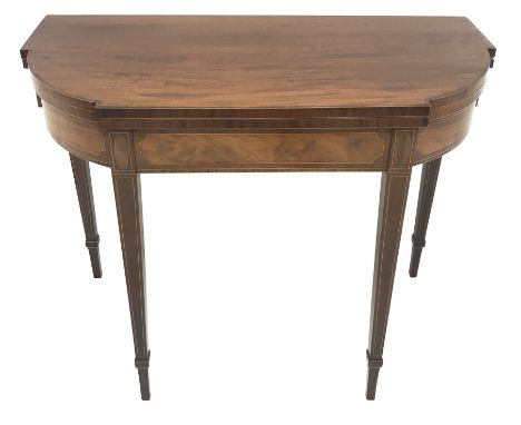  Manner of Gillows, George lll inlaid and cross banded mahogany bow break front card table, baise lined folding top on twin g