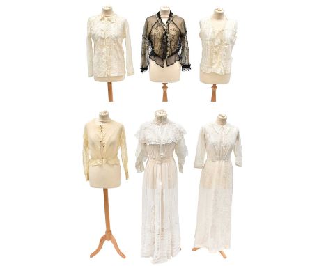 Early 20th Century Costume, comprising two similar white cotton day dresses with three quarter length sleeves with button fas