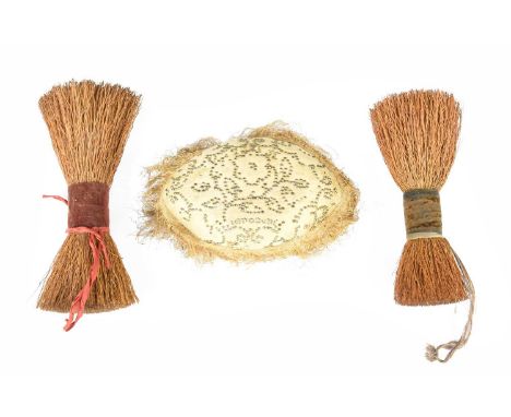 19th Century Oval Cream Silk Pin Cushion with silk fringing, decorated with pin heads in a floral design and with initials 'M