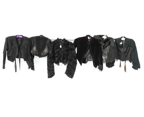 Late 19th Century Black Silk and Velvet Bodices, comprising a black silk long sleeved bodice with military style pleated deta