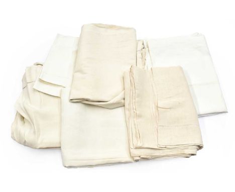 Assorted French Monogrammed Linens comprising a cream linen bed cover with drawn thread work detail, initialled 'SR', 230cm b