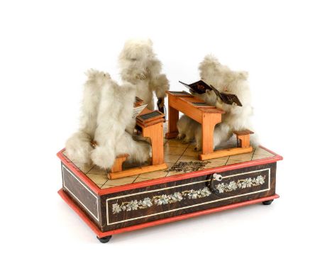 Circa 1900 Possibly Zinner & Söhne German Automaton, depicting a white 'Cats Choir', two seated on each wooden bench facing e