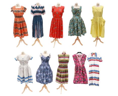 Circa 1950s Printed Cotton Day Dresses, comprising a Peggy Page London pink rose printed sleeveless dress with v-necklineCarn