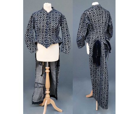 Late 19th Century Grey Silk and Dark Blue Velvet Flocked Jacket Labelled Mrs A Bennett Dress &amp; Mantle Maker, 4 Camden Ter