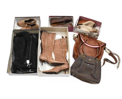 Modern Ladies Costume Accessories, comprising a pair of Jigsaw knee length mole coloured suede kitten heel boots, with zip fa