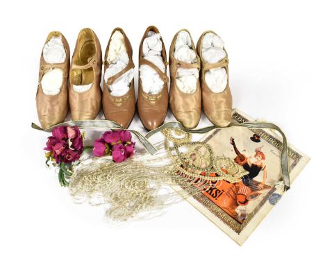 Assorted Circa 1920-40s Costume Accessories comprising two pairs of pink silk heeled mary jane style tap shoes, belonging to 