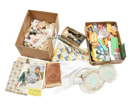 Circa 1950s and Later Quantity of Assorted French Sewing Accessories  comprising embroidery patterns, threads, tools, haberda