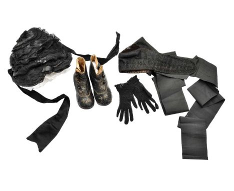 19th Century Children's Mourning and Other Items, comprising a black bonnet in net, wriggle work trims, some sequin appliques