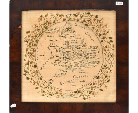 19th Century Embroidered Map Sampler of England and Wales, worked in an oval with coloured boundaries for the counties and a 