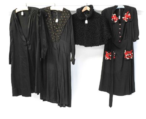 Early 20th Century French Costume, comprising a black silk long sleeve day dress with black net mounts to the cuffs, collar a