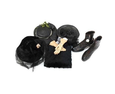 Late 19th/Early 20th Century and Later Costume Accessories, comprising a pair of black leather heeled ankle boots with button
