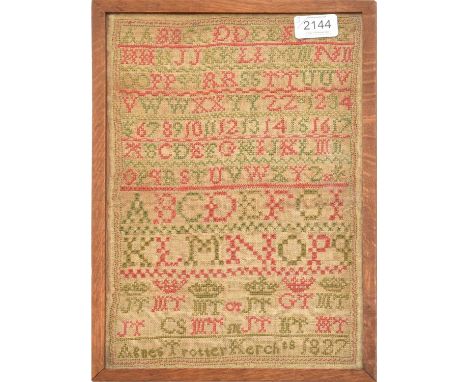 Alphabet Sampler Worked by Agnes Trotter Kerch Dated 1827, worked in red and green threads in a band format, framed 25cm by 3