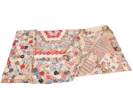 19th Century Chintz and Patchwork Reversible Quilt, comprising a central large patch of floral design within a circular garla