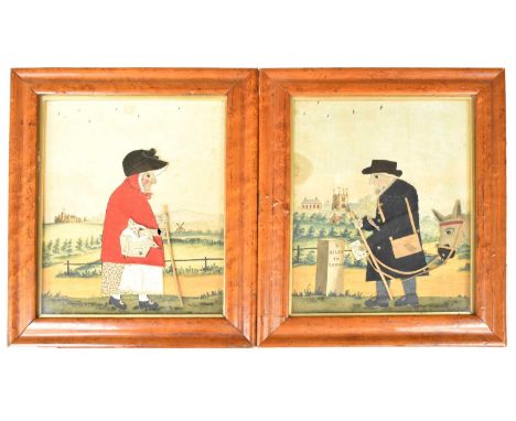 Pair of 19th Century Felt Applique and Watercolour Pictures by George Smart depicting Old Bright the Postman dressed in a nav