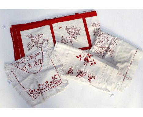 Red Work Signature Patchwork Bed Cover, worked within a turkey red grid, embroidered with flower heads to each in red threads