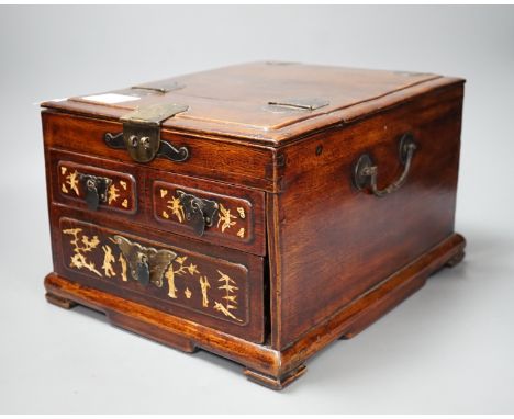 A late 19th century Chinese hardwood and bone inlaid jewellery box. 18.5cm tall