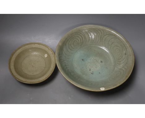 A Chinese celadon dish, probably Southern Song Dynasty, 17.5cm and a Thai Sawankhalok celadon deep dish, 16th century, larges