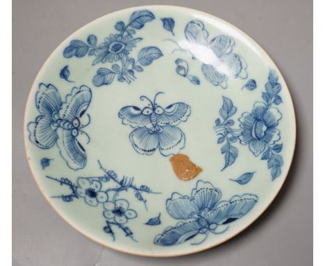 A Chinese blue and white celadon glazed dish, Qianlong seal mark, but 19th century, 15cm diameter