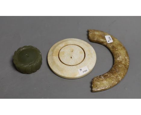 Three Chinese jade carvings - a huang, a disc and cash money