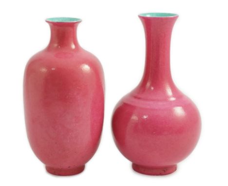 Two Chinese ruby ground vases, possibly Republic period, each with a printed four character Qianlong mark, 18.5 and 19.4cm hi