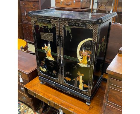 A Chinese black lacquer hardstone and composition mounted two door side cabinet, width 77cm, depth 41cm, height 90cm