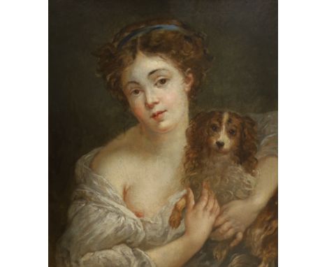 Follower of Jean-Baptiste Grueze (French, 1724/5-1805), oil on canvas, Portrait of a young woman with a spaniel, 52 x 44cm
