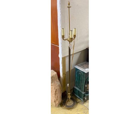 An Empire style gilt metal three branch standard lamp, height 165cm