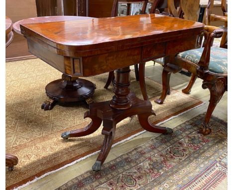 A Regency banded mahogany folding card table, width 90cm, depth 45cm, height 73cm