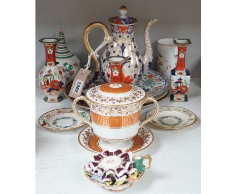 A selection of English porcelain and ceramics, to include a two handled Wedgwood Queensware urn, cover and stand, c.1800, two