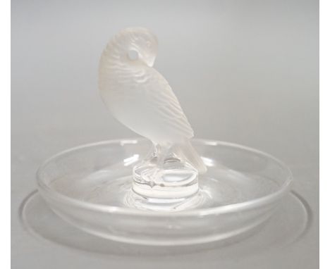 A post war Lalique glass dish with bird finial  10 cm
