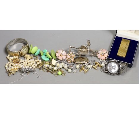 A mixed group of sundry jewellery and other items, including a cultured pearl bracelet(a.f) with 14k and ruby set clasp, a ye