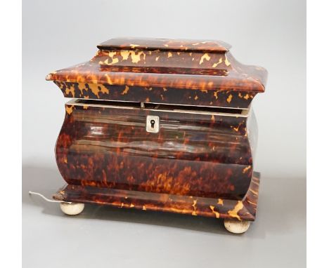 A Victorian tortoiseshell and ivory mounted tea caddy, 18cms high Ivory submission reference: WY51HAZH