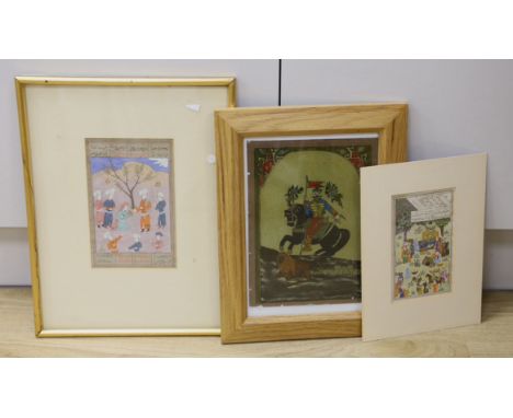 Indian School, gouache on paper, Figures in a garden, overall 20 x 12cm, a similar unframed print and a mica picture of a Pri