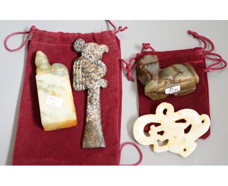 Four jade items: a mythical beast, a seal, a ritual image and a dragon