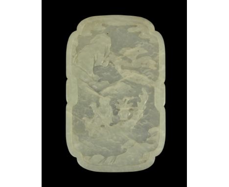 A Chinese white jade ‘He Xiangu’ shaped rectangular plaque, 18th/19th century, carved in relief with the figure of He Xiangu 