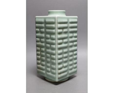 A Chinese celadon glazed cong form vase, Guangxu mark, 27cms high