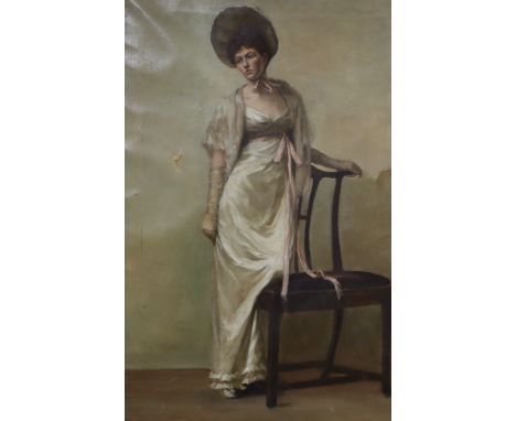 English School c.1900, oil on canvas, Full length portrait of a lady standing beside a chair, 74 x 47cm