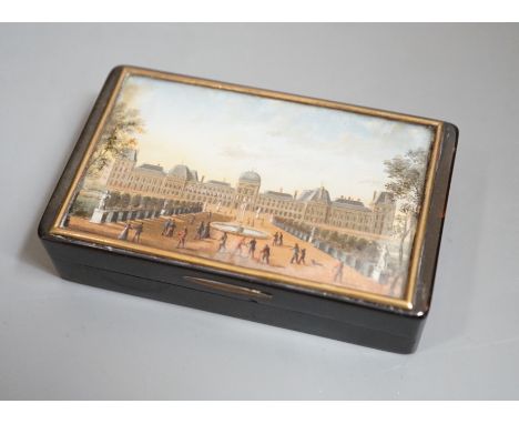 A 19th century French tortoiseshell snuff box, the top with reverse painted glass scene Tuileries Palace, Paris, J F Lebell, 