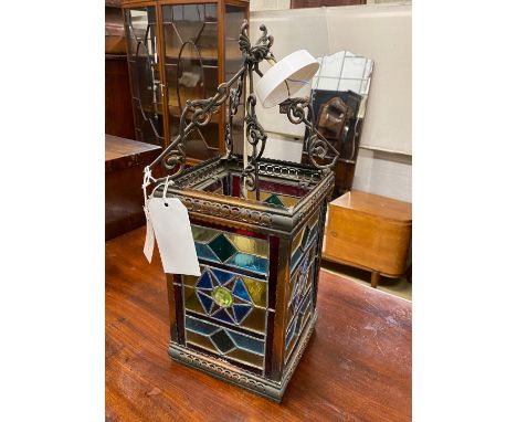 An Edwardian square stained glass hall lantern, height 50cm