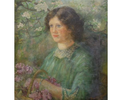 Gwendoline Abbot, oil on canvas, Portrait of a young lady picking lilac blossoms, signed and dated 1912, 63 x 60cm